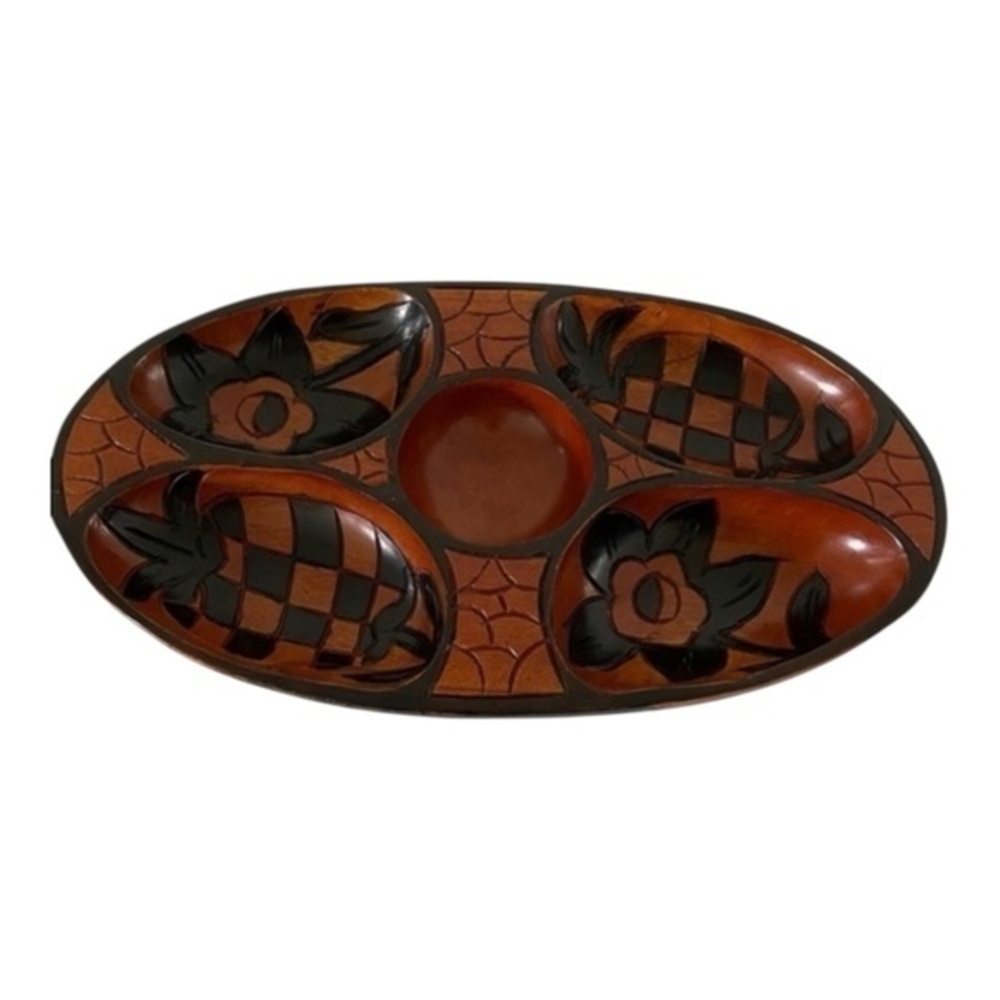 Handcrafted Vintage Wooden Divided Tray with Floral Carvings